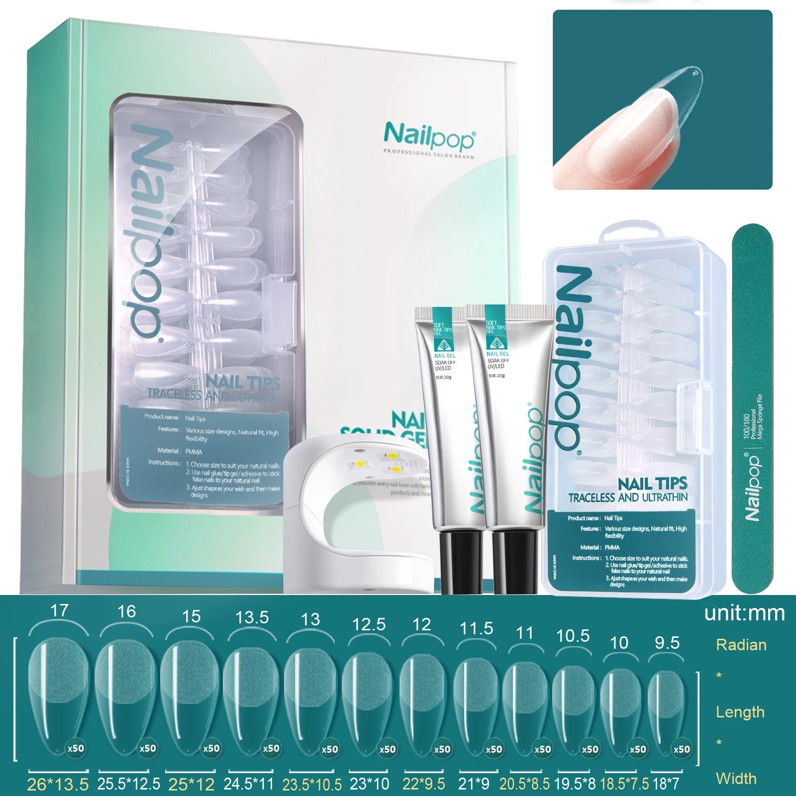 Комплект за удължаване на нокти Nailpop – 600 броя полупрозрачни върхове, гел лепило, UV лампа и инструменти
