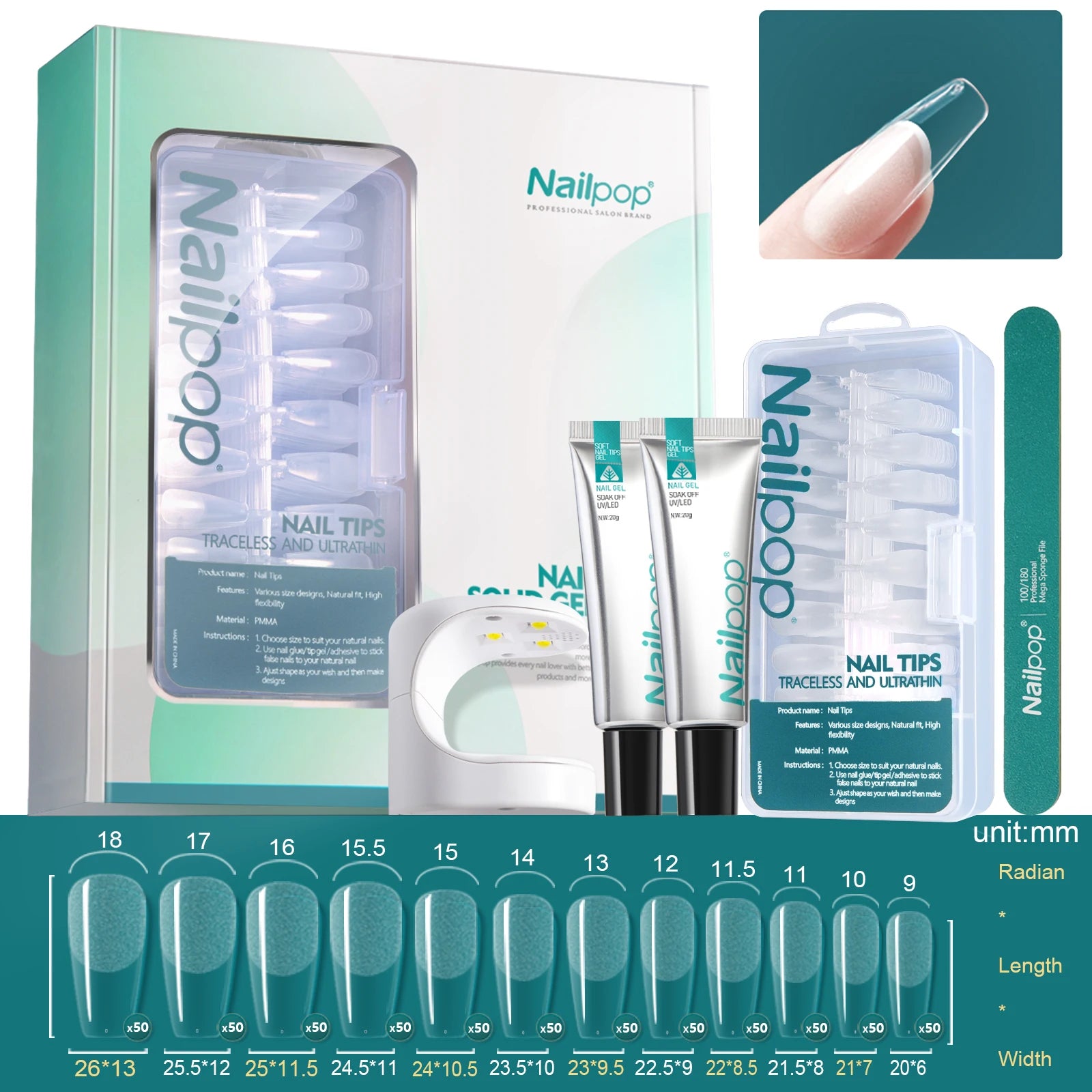 Комплект за удължаване на нокти Nailpop – 600 броя полупрозрачни върхове, гел лепило, UV лампа и инструменти