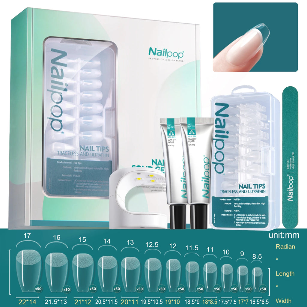 Комплект за удължаване на нокти Nailpop – 600 броя полупрозрачни върхове, гел лепило, UV лампа и инструменти