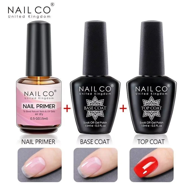 Комплект за гел лак NAILCO – 15 мл база, топ лак, праймер и гел за премахване