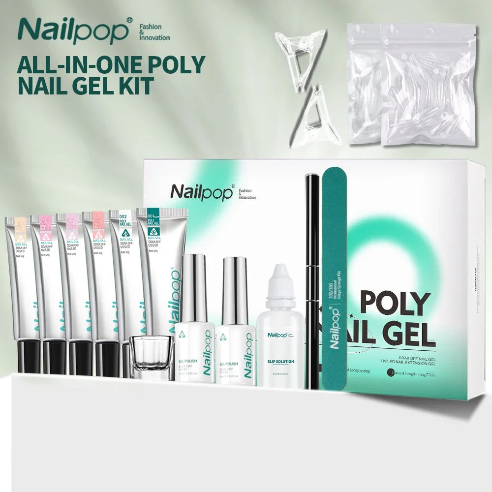 Комплект NAILPOP за полимерни удължения на нокти – 6 цвята, база и топ лак
