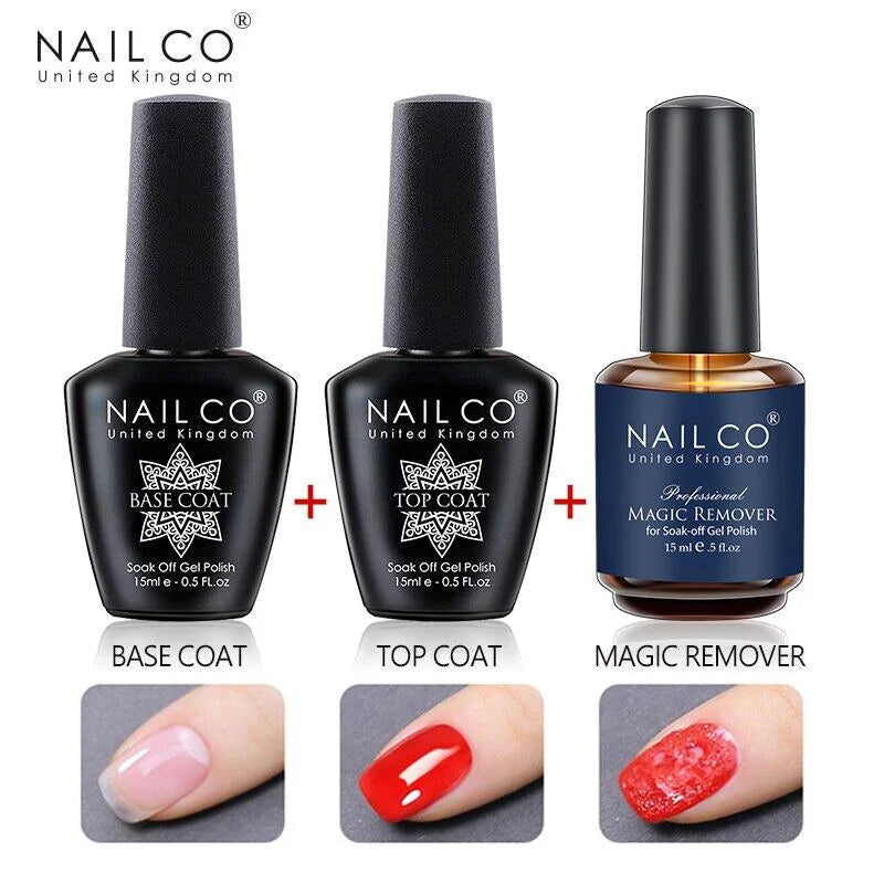 Комплект за гел лак NAILCO – 15 мл база, топ лак, праймер и гел за премахване