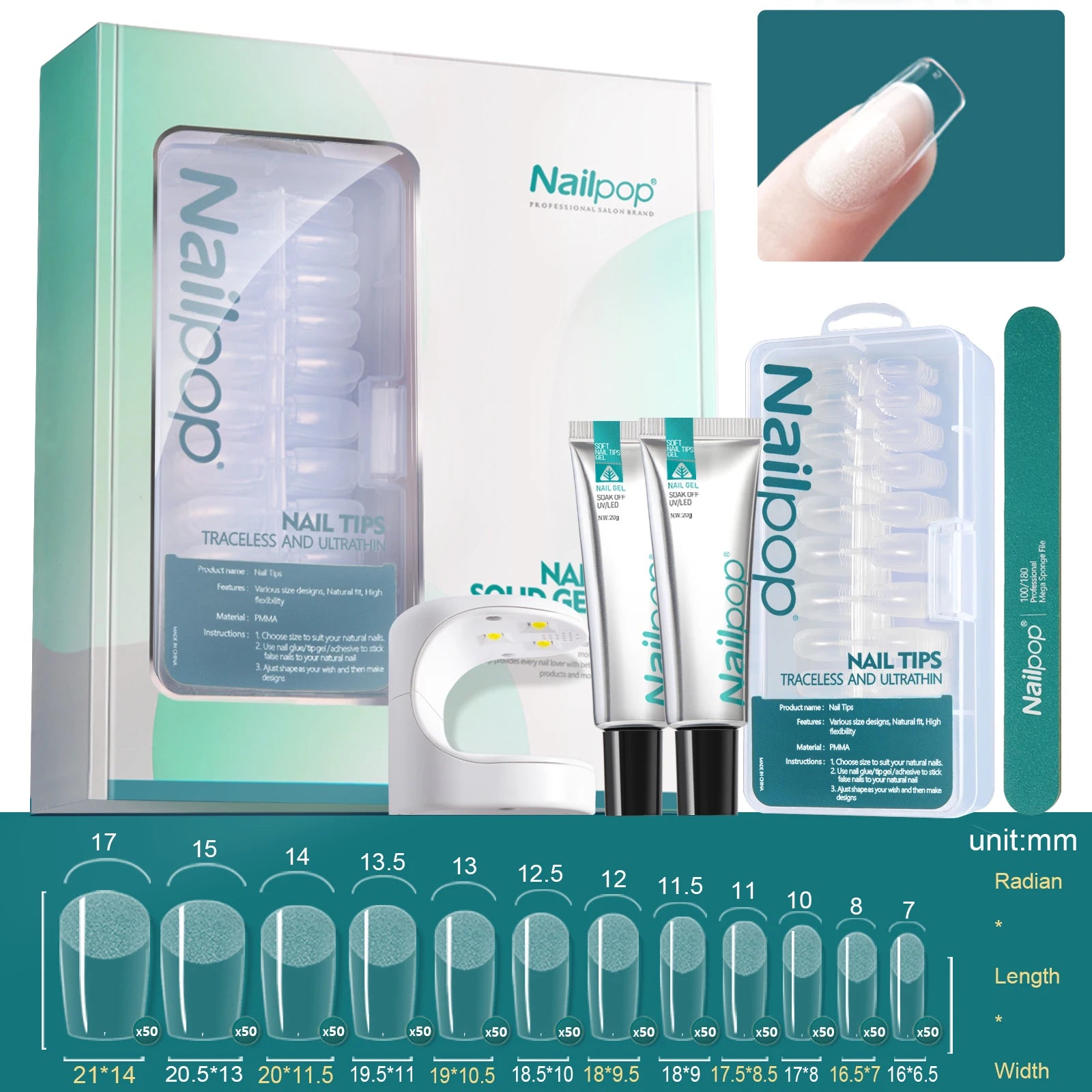 Комплект за удължаване на нокти Nailpop – 600 броя полупрозрачни върхове, гел лепило, UV лампа и инструменти