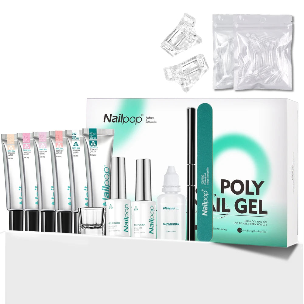 Комплект NAILPOP за полимерни удължения на нокти – 6 цвята, база и топ лак