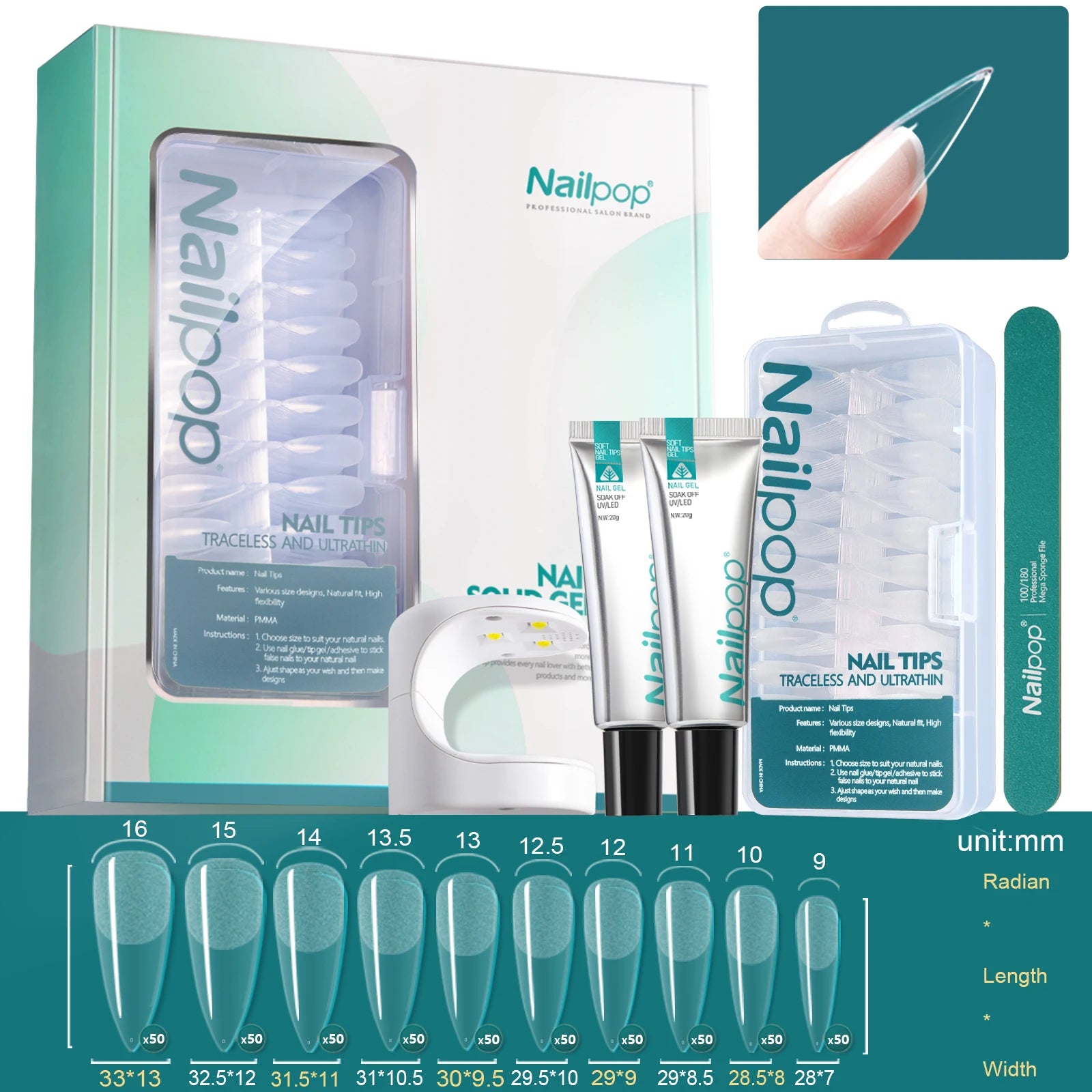 Комплект за удължаване на нокти Nailpop – 600 броя полупрозрачни върхове, гел лепило, UV лампа и инструменти