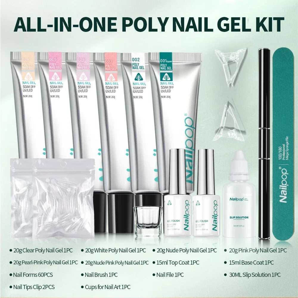 Комплект NAILPOP за полимерни удължения на нокти – 6 цвята, база и топ лак