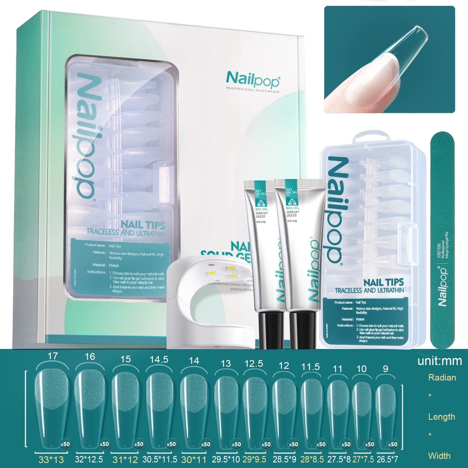 Комплект за удължаване на нокти Nailpop – 600 броя полупрозрачни върхове, гел лепило, UV лампа и инструменти