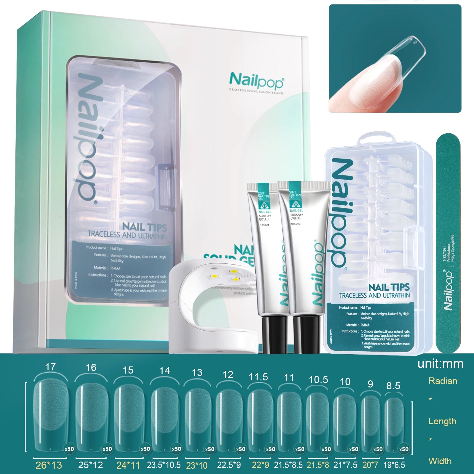 Комплект за удължаване на нокти Nailpop – 600 броя полупрозрачни върхове, гел лепило, UV лампа и инструменти