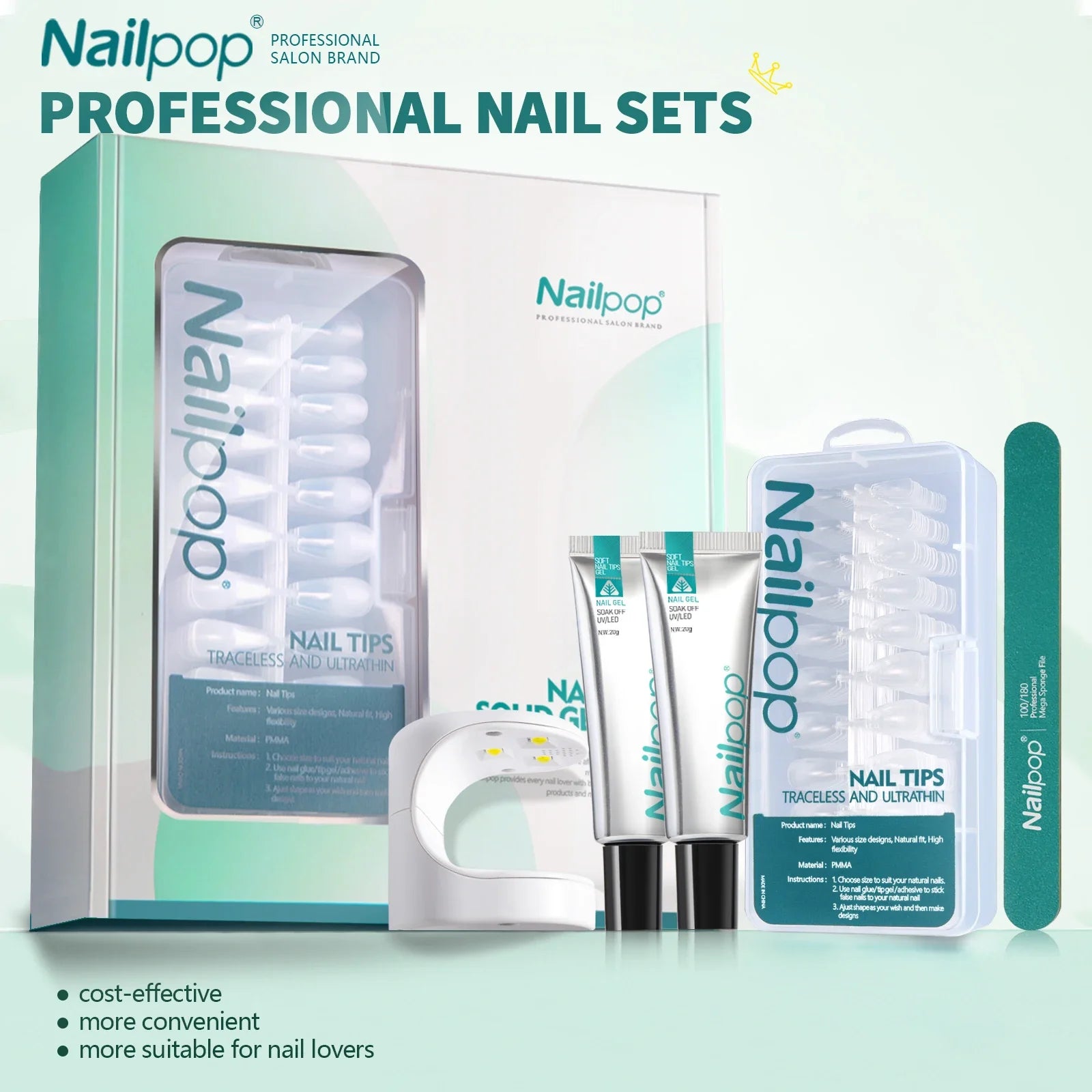 Комплект за удължаване на нокти Nailpop – 600 броя полупрозрачни върхове, гел лепило, UV лампа и инструменти
