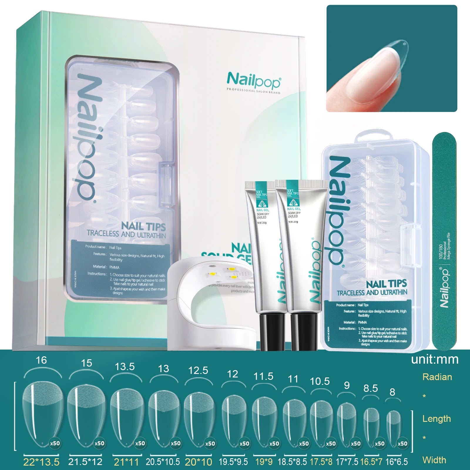 Комплект за удължаване на нокти Nailpop – 600 броя полупрозрачни върхове, гел лепило, UV лампа и инструменти