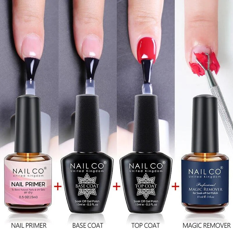 Комплект за гел лак NAILCO – 15 мл база, топ лак, праймер и гел за премахване